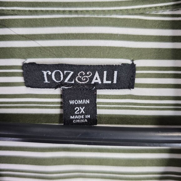 Womens Roz & Ali Green & White Striped Blouse Button Up Short Sleeve Size 2X - Picture 3 of 9